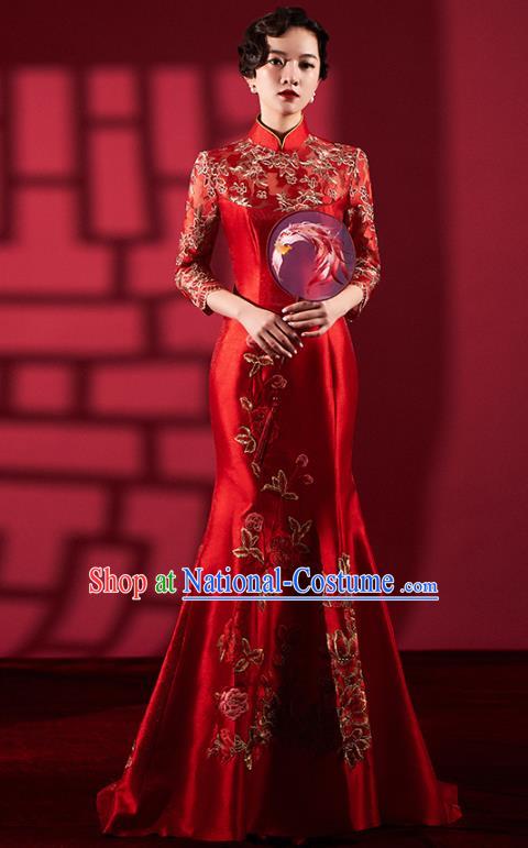 Chinese Bride Embroidered Red Qipao Dress Clothing Traditional Wedding Fishtail Cheongsam