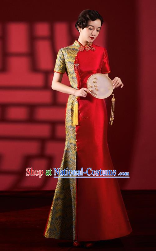 Chinese Traditional Wedding Fishtail Cheongsam Bride Red Brocade Qipao Dress Clothing