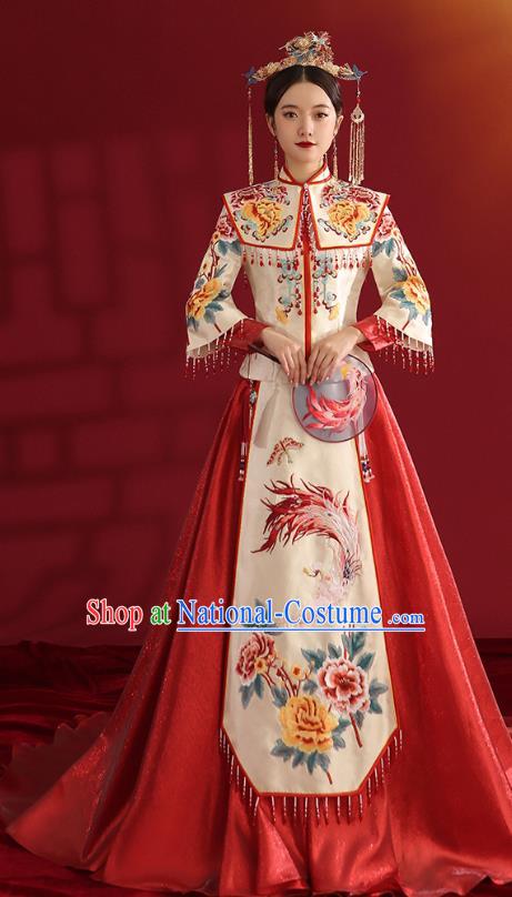 China Classical Embroidered Phoenix Peony Wedding Dress Traditional Bride Xiuhe Suit Costumes