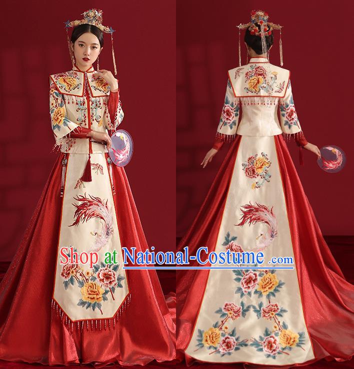 China Classical Embroidered Phoenix Peony Wedding Dress Traditional Bride Xiuhe Suit Costumes