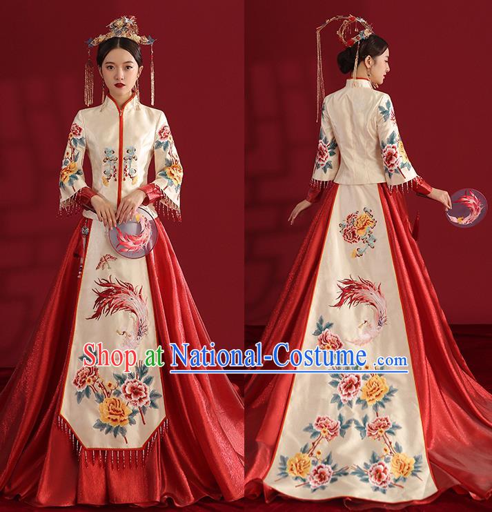 China Classical Embroidered Phoenix Peony Wedding Dress Traditional Bride Xiuhe Suit Costumes