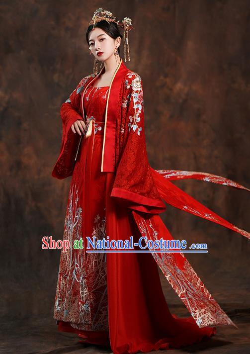 China Traditional Tang Dynasty Empress Wedding Costumes Ancient Bride Embroidered Red Hanfu Dress