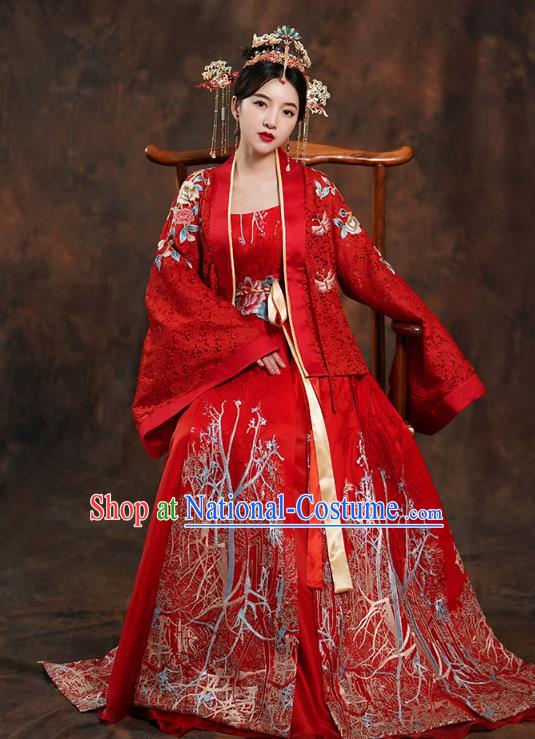 China Traditional Tang Dynasty Empress Wedding Costumes Ancient Bride Embroidered Red Hanfu Dress