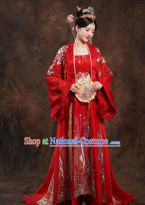 China Traditional Tang Dynasty Empress Wedding Costumes Ancient Bride Embroidered Red Hanfu Dress