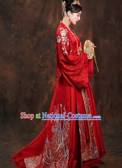 China Traditional Tang Dynasty Empress Wedding Costumes Ancient Bride Embroidered Red Hanfu Dress