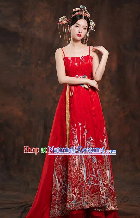 China Traditional Tang Dynasty Empress Wedding Costumes Ancient Bride Embroidered Red Hanfu Dress