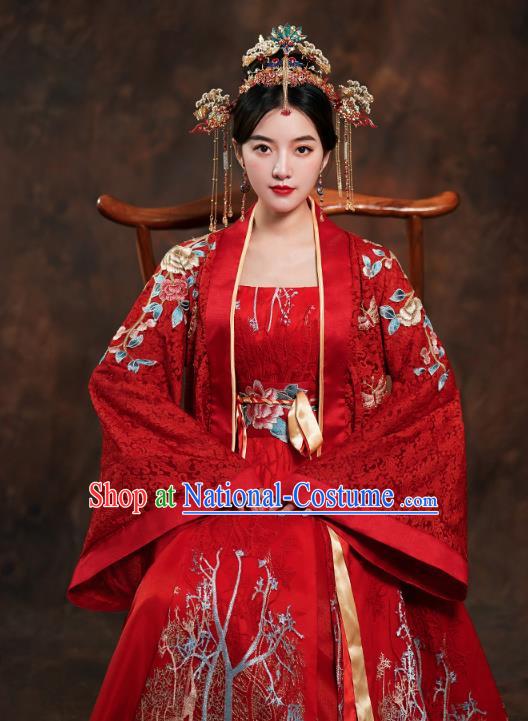 China Traditional Tang Dynasty Empress Wedding Costumes Ancient Bride Embroidered Red Hanfu Dress