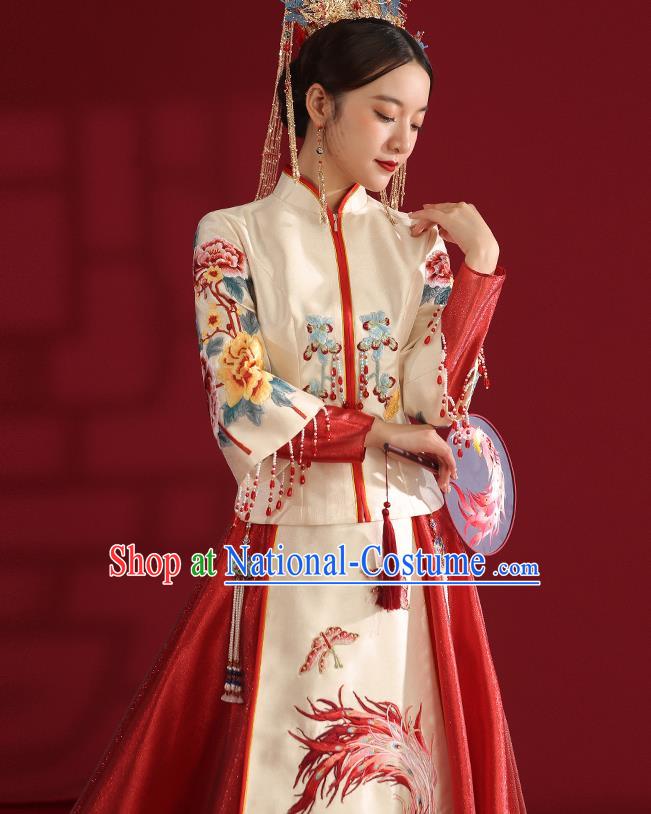 China Classical Embroidered Phoenix Peony Wedding Dress Traditional Bride Xiuhe Suit Costumes