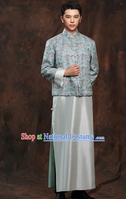 Chinese Ancient Bridegroom Clothing Traditional Wedding Costumes Blue Mandarin Jacket and Long Robe