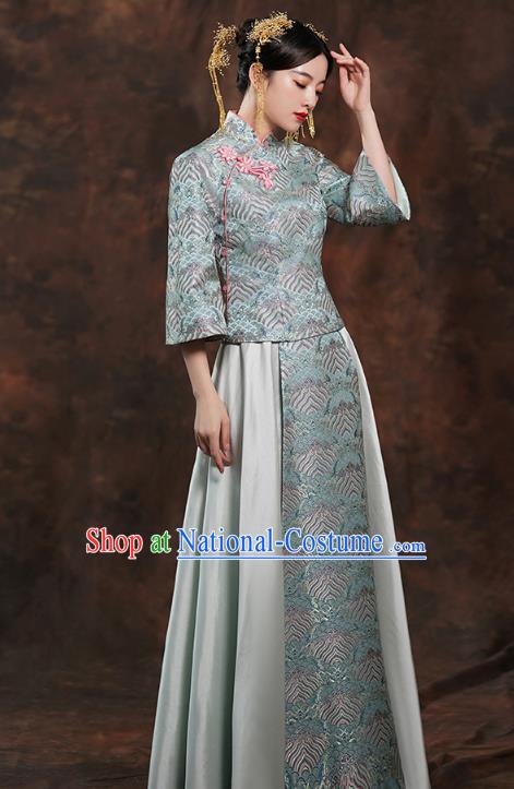 China Traditional Wedding Blue Xiuhe Suits Bride Costumes Toast Dress