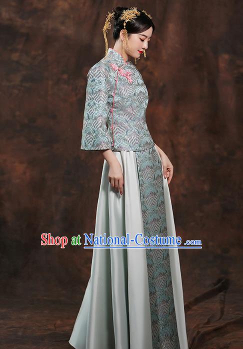 China Traditional Wedding Blue Xiuhe Suits Bride Costumes Toast Dress