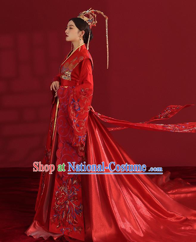 China Ancient Empress Embroidered Red Dress Traditional Wedding Bride Hanfu Costumes