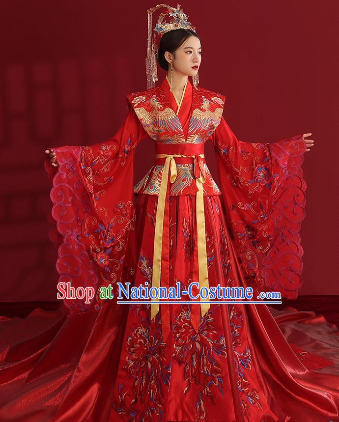 China Ancient Empress Embroidered Red Dress Traditional Wedding Bride Hanfu Costumes