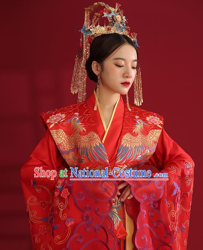 China Ancient Empress Embroidered Red Dress Traditional Wedding Bride Hanfu Costumes