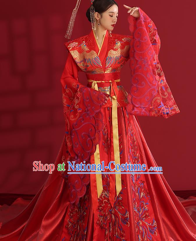 China Ancient Empress Embroidered Red Dress Traditional Wedding Bride Hanfu Costumes