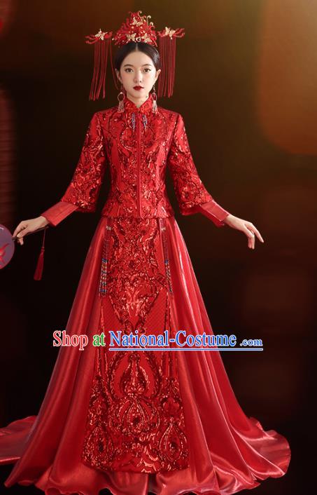 China Traditional Wedding Red Xiuhe Suit Costumes Bride Toast Embroidered Dress