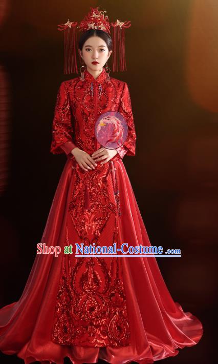 China Traditional Wedding Red Xiuhe Suit Costumes Bride Toast Embroidered Dress