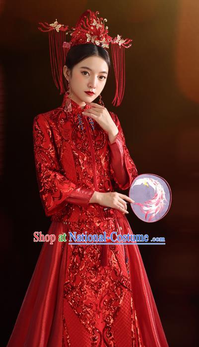 China Traditional Wedding Red Xiuhe Suit Costumes Bride Toast Embroidered Dress