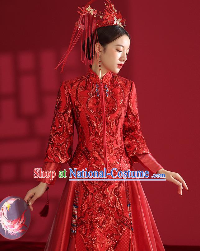 China Traditional Wedding Red Xiuhe Suit Costumes Bride Toast Embroidered Dress