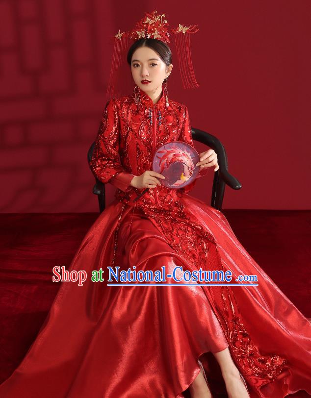 China Traditional Wedding Red Xiuhe Suit Costumes Bride Toast Embroidered Dress