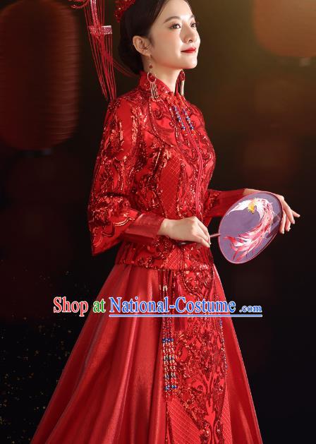 China Traditional Wedding Red Xiuhe Suit Costumes Bride Toast Embroidered Dress