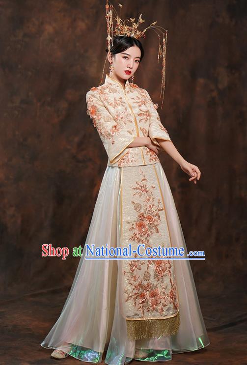 China Ancient Bride Costumes Toast Dress Traditional Wedding Champagne Xiuhe Suits