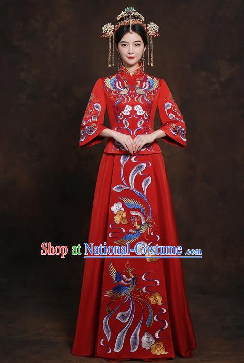 China Classical Bride Costumes Toast Embroidered Dress Traditional Wedding Red Xiuhe Suits