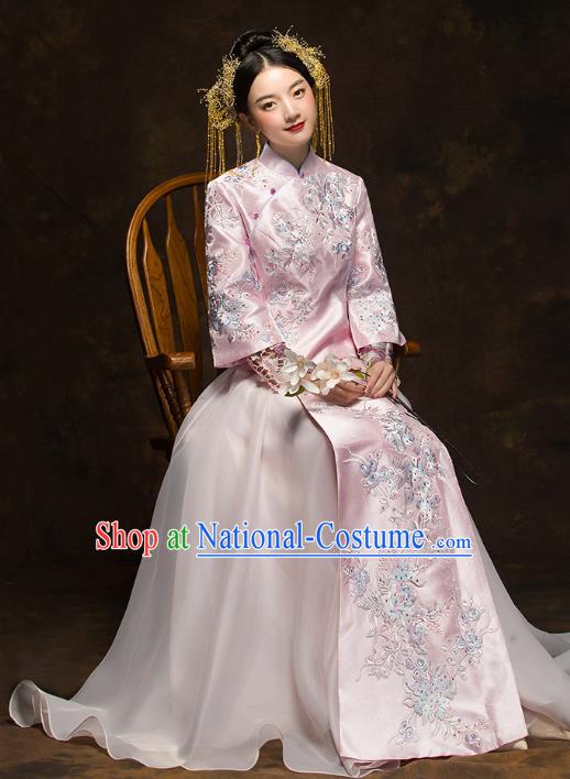 China Traditional Toast Embroidered Pink Dress Wedding Xiuhe Suits Classical Bride Costumes