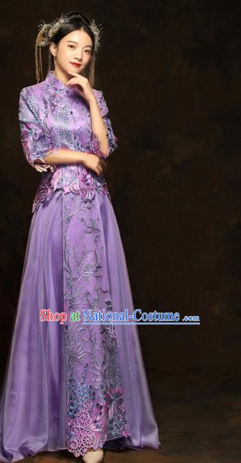 China Classical Bride Costumes Traditional Toast Embroidered Purple Dress Wedding Xiuhe Suits