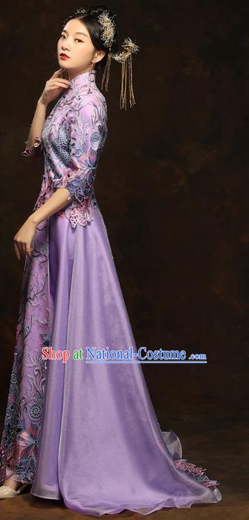 China Classical Bride Costumes Traditional Toast Embroidered Purple Dress Wedding Xiuhe Suits