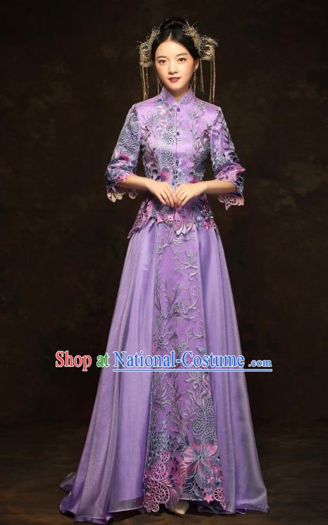 China Classical Bride Costumes Traditional Toast Embroidered Purple Dress Wedding Xiuhe Suits