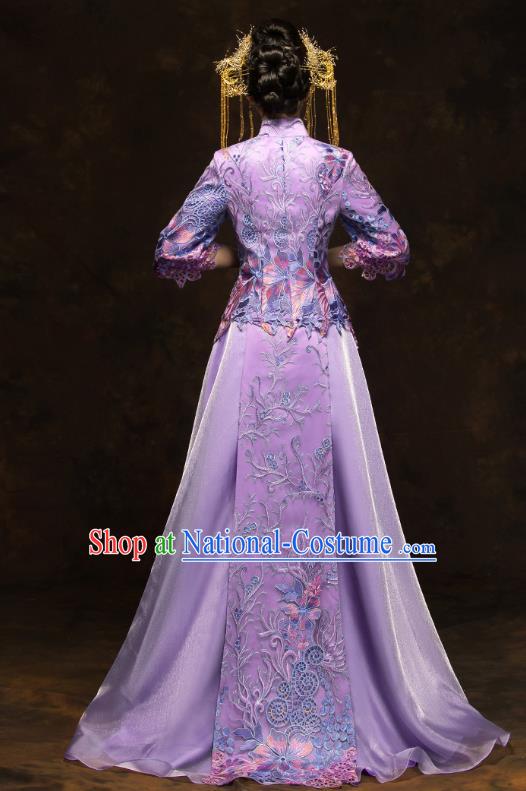 China Classical Bride Costumes Traditional Toast Embroidered Purple Dress Wedding Xiuhe Suits