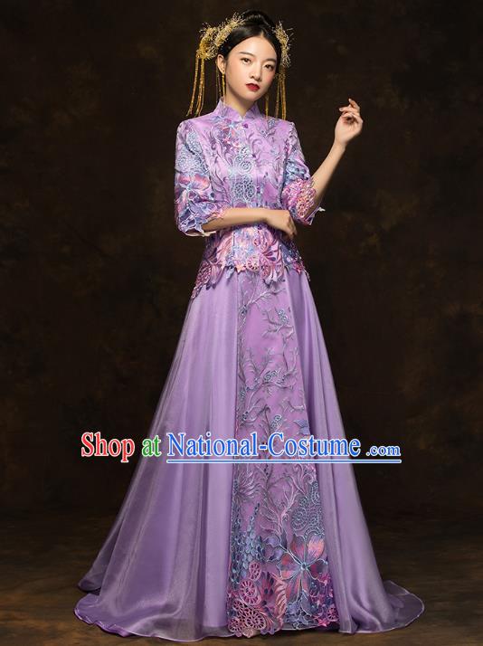 China Classical Bride Costumes Traditional Toast Embroidered Purple Dress Wedding Xiuhe Suits