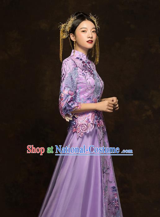 China Classical Bride Costumes Traditional Toast Embroidered Purple Dress Wedding Xiuhe Suits