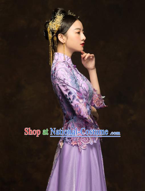 China Classical Bride Costumes Traditional Toast Embroidered Purple Dress Wedding Xiuhe Suits