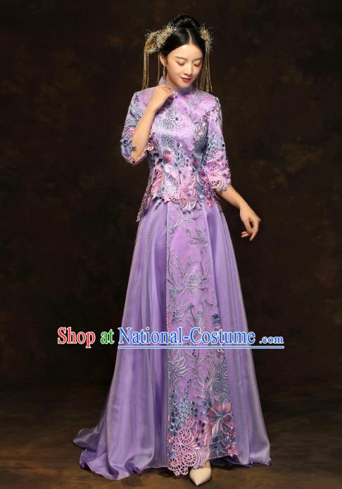 China Classical Bride Costumes Traditional Toast Embroidered Purple Dress Wedding Xiuhe Suits