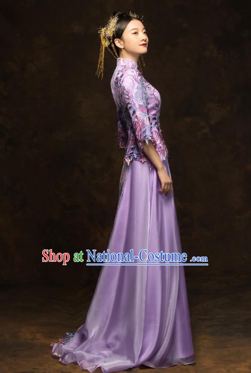 China Classical Bride Costumes Traditional Toast Embroidered Purple Dress Wedding Xiuhe Suits