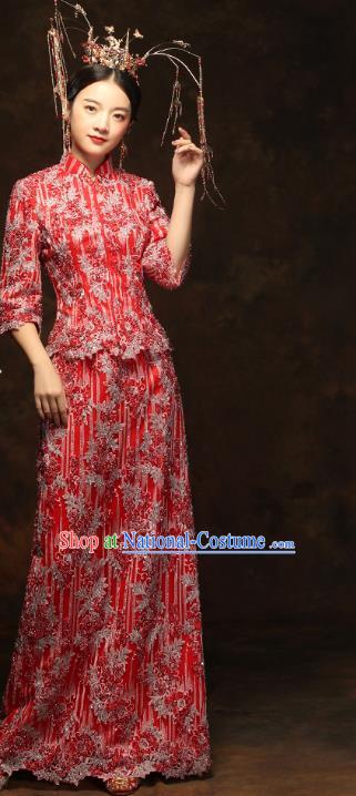 China Wedding Red Xiuhe Suits Classical Bride Costumes Traditional Toast Embroidered Slim Dress