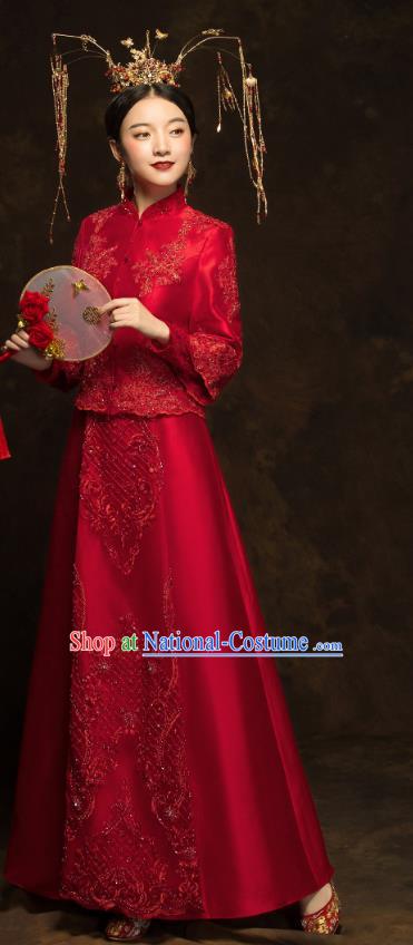 China Traditional Embroidery Beads Toast Dress Wedding Red Xiuhe Suits Classical Bride Costumes