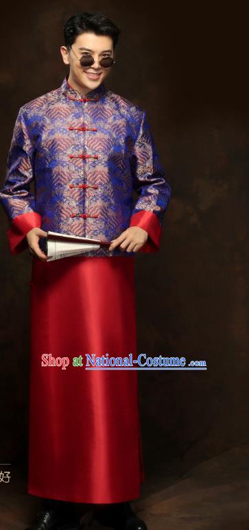 Chinese Traditional Royalblue Mandarin Jacket and Red Long Robe Wedding Bridegroom Tang Suit Costumes