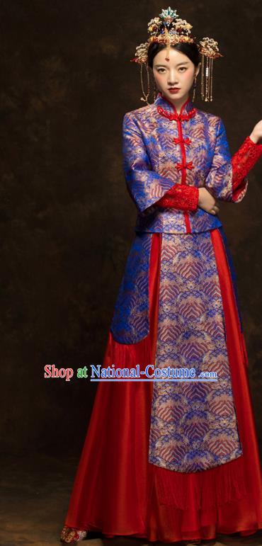 China Classical Wedding Xiuhe Suits Traditional Bride Costumes Royalblue Blouse and Red Skirt