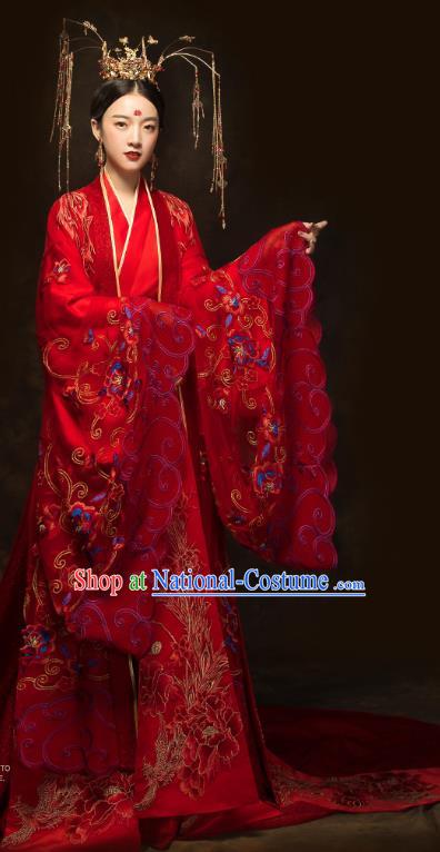 China Ancient Queen Red Hanfu Dress Classical Wedding Xiuhe Suits Traditional Bride Embroidered Costumes