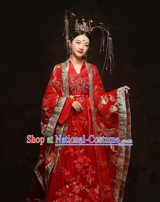 China Traditional Bride Embroidered Costumes Ancient Empress Red Hanfu Dress Classical Wedding Xiuhe Suits