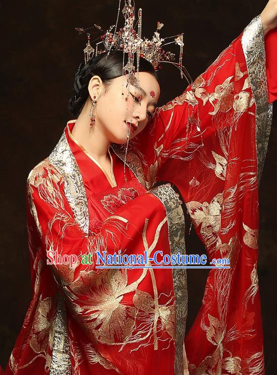 China Traditional Bride Embroidered Costumes Ancient Empress Red Hanfu Dress Classical Wedding Xiuhe Suits