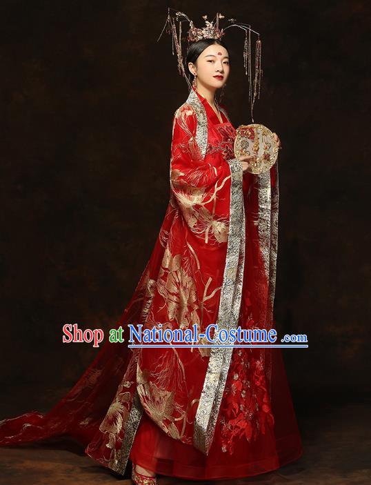 China Traditional Bride Embroidered Costumes Ancient Empress Red Hanfu Dress Classical Wedding Xiuhe Suits