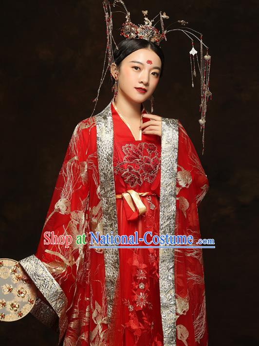 China Traditional Bride Embroidered Costumes Ancient Empress Red Hanfu Dress Classical Wedding Xiuhe Suits