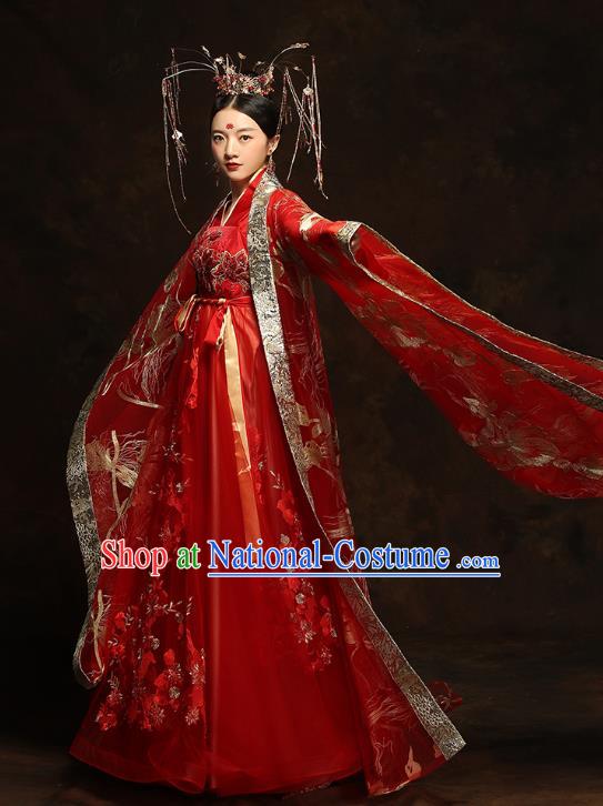 China Traditional Bride Embroidered Costumes Ancient Empress Red Hanfu Dress Classical Wedding Xiuhe Suits