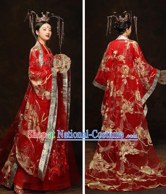 China Traditional Bride Embroidered Costumes Ancient Empress Red Hanfu Dress Classical Wedding Xiuhe Suits