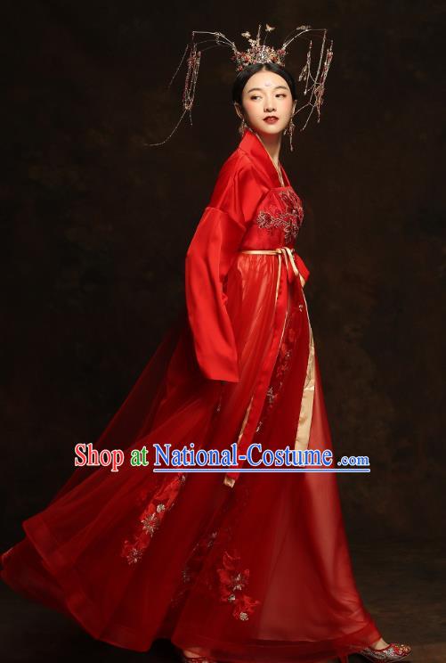 China Traditional Bride Embroidered Costumes Ancient Empress Red Hanfu Dress Classical Wedding Xiuhe Suits