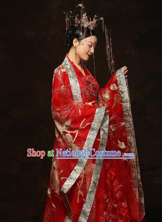 China Traditional Bride Embroidered Costumes Ancient Empress Red Hanfu Dress Classical Wedding Xiuhe Suits